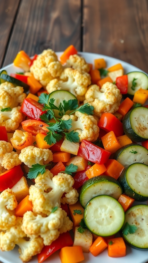 A colorful roasted vegetable medley featuring cauliflower, bell peppers, and zucchini on a rustic table.